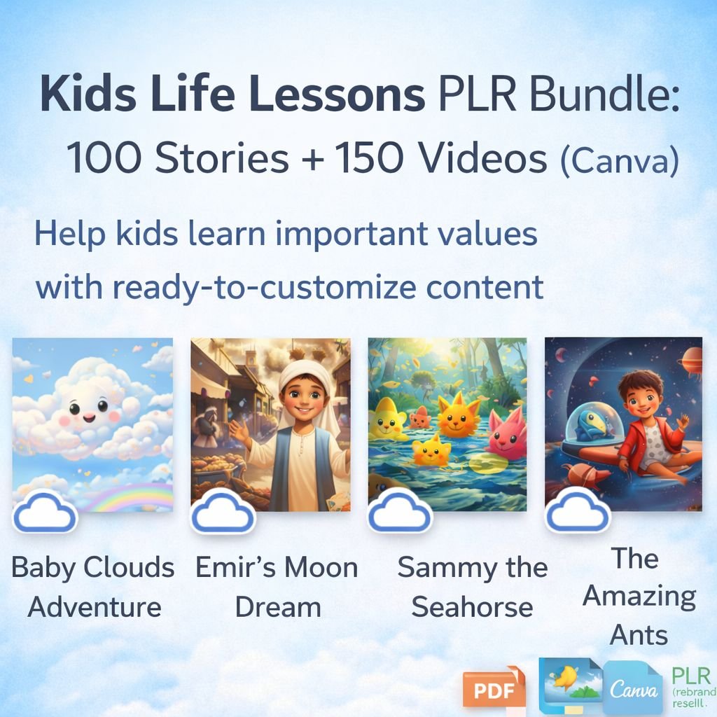 Kids Life Lessons PLR Bundle: 100 Stories + 150 Videos Fully customizable